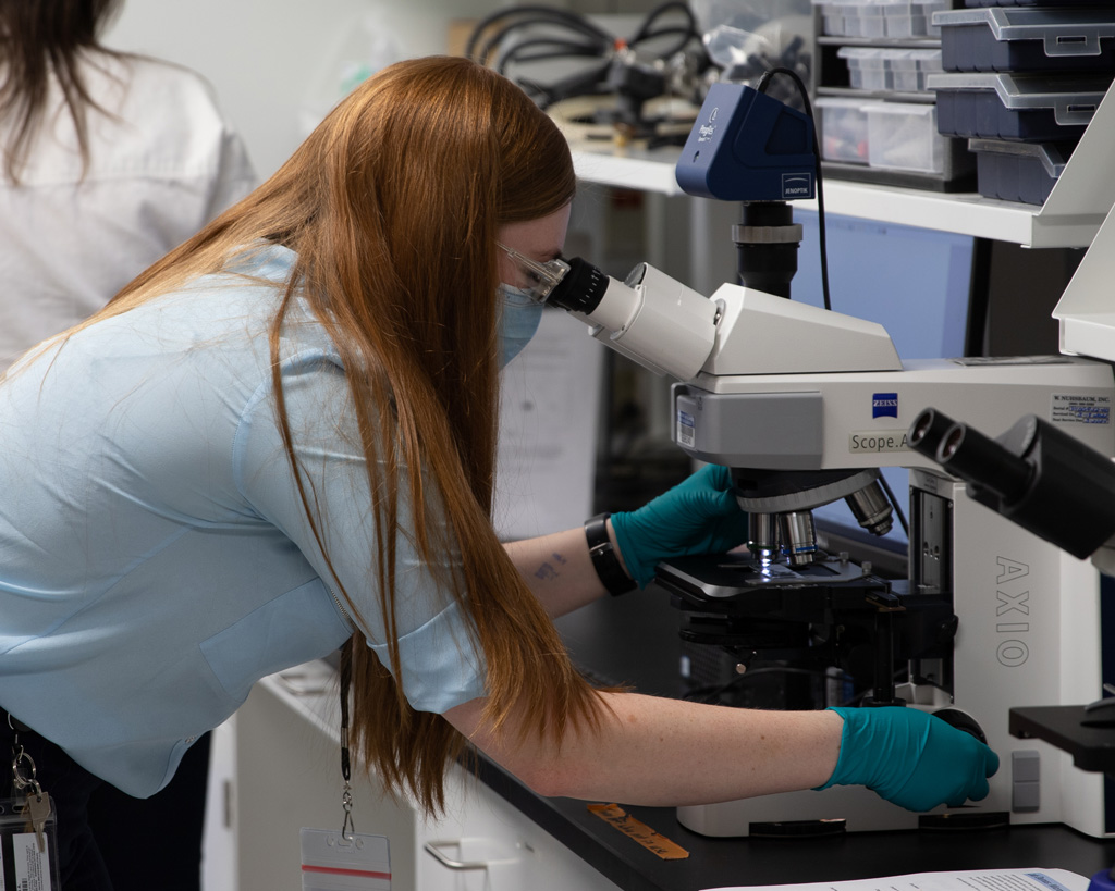 Technician using a Kseniya Microscope at the Integrated Bioprocessing Research Laboratory